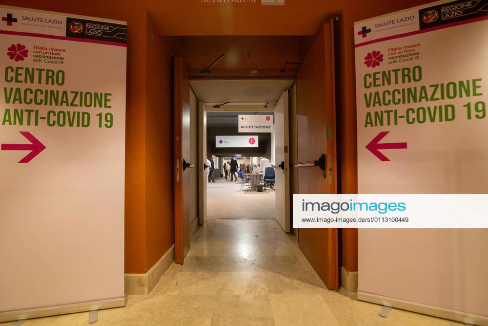 Italy: New area for anti-Covid vaccination in Rome Entrance to the new area dedicated to vaccinations in the Ennio Morricone Auditorium in Rome Rome Italy