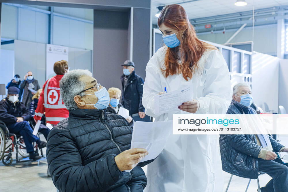 Padua - First vaccinations against Covid19 with the Pfizer-BioNTech vaccine for the elderly over 80 at the Padua Fair in via Tommaseo Editorial Usage Only