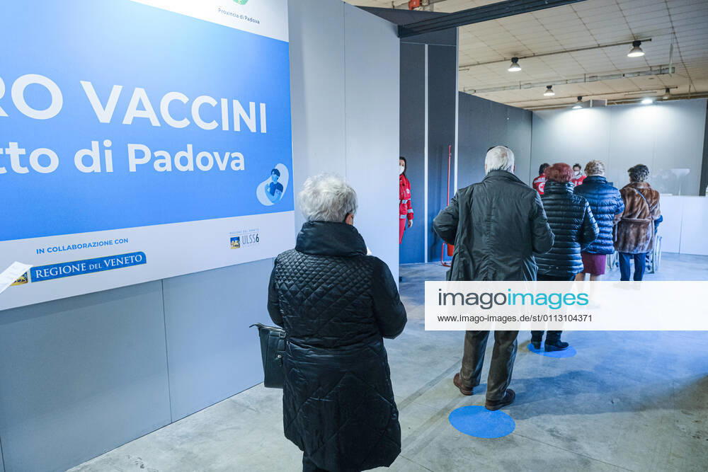 Padua - First vaccinations against Covid19 with the Pfizer-BioNTech vaccine for the elderly over 80 at the Padua Fair in via Tommaseo Editorial Usage Only