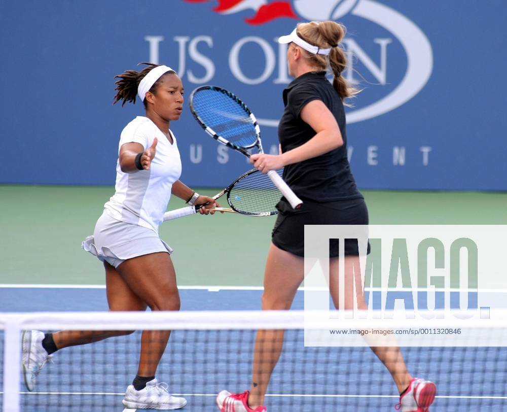 Lindsey Lee-Waters and Megan Moulton-Levy of the USA congratulate one another during the first-round women s double match at the 2012 U.S. Open held at the National Tennis Center on August 29, 2012 in New York. UPI Photo Monika Graff NYP20120829336