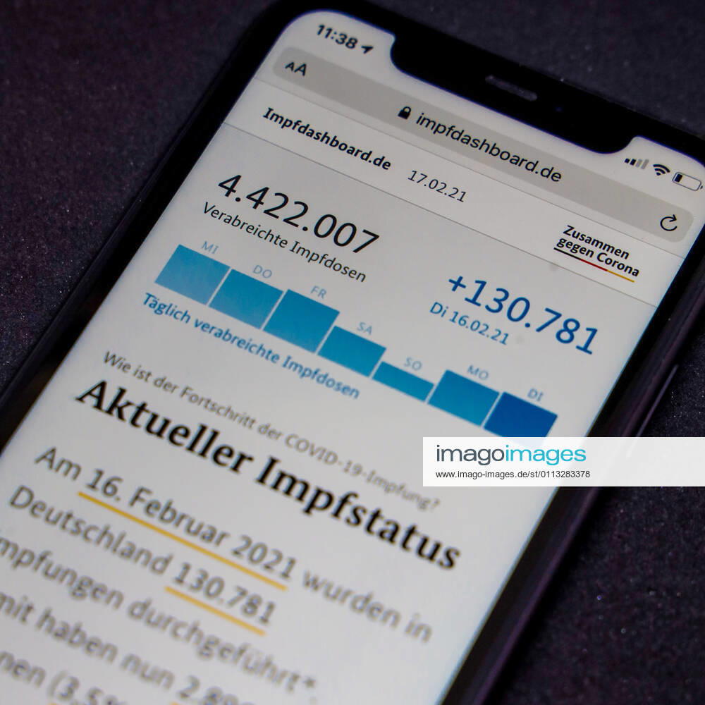 Vaccination dashboard of the Federal Ministry of Health Current vaccination status DEU, Germany, Berlin, 17 02 2021 Impfdashboard de As of 17 February 2021, 10 55 am, displayed on an iPhone Progress of COVIDâ â 19â â vaccination.