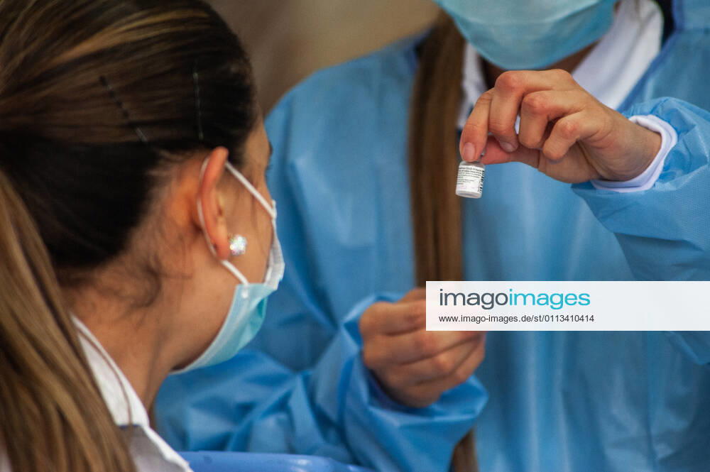 Health staff from hospitals like the Police Hospital and Clinica Colombia prepare and vaccinate their health staff as part of the first phase of vaccinations in Bogota, Colombia on February 18, 2021 Bogota Cundinamarca Colombia