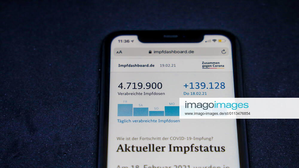 Vaccination dashboard of the Federal Ministry of Health Current vaccination status DEU, Germany, Berlin, 19 02 2021 Impfdashboard de Status 19 February 2021, 09 40 clock, displayed on an iPhone progress of COVIDâ â 19â â vaccination.