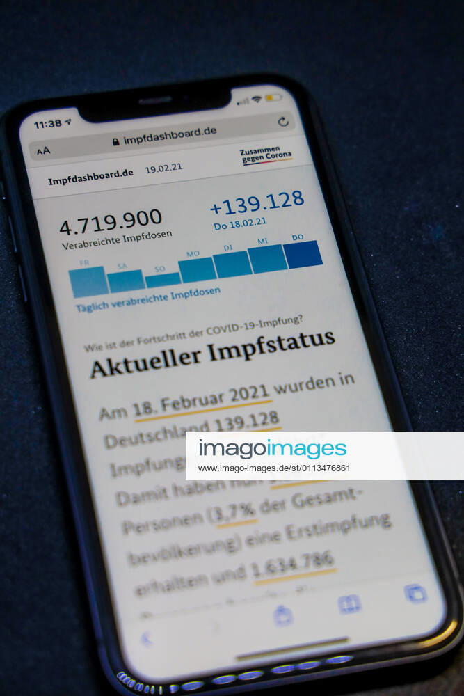 Vaccination dashboard of the Federal Ministry of Health Current vaccination status DEU, Germany, Berlin, 19 02 2021 Impfdashboard de Status 19 February 2021, 09 40 clock, displayed on an iPhone progress of COVIDâ â 19â â vaccination.