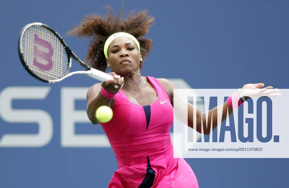 Serena Williams hits a forehand in her match in Arthur Ashe Stadium at the Billie Jean King National Tennis Center in New York City on September 3, 2012. NYP20120903115