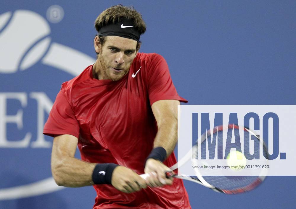 Juan Martin Del Potro of Argentina hits a backhand in the second set of his quarterfinal match on day 11 in Arthur Ashe Stadium at the BillieJeanKing National Tennis Center in New York City on September 6, 2012. NYP20120906148