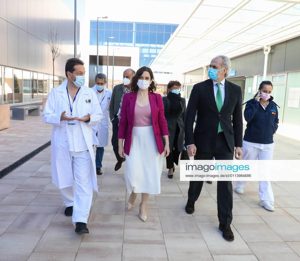 The President of the Community of Madrid, Isabel Diaz Ayuso (center), with the Minister of Health, Enrique Ruiz Escudero (2r), and the Deputy Minister of Health, Antonio Zapatero (3l), during his visit to the start of the vaccination process against COVID-19 that has been launched in the Pavilion 3 of the Public Hospital Enfermera Isabel Zendal, in Madrid, (Spain), on 23 February 2021. This Tuesday begins the vaccination in the pavilion 3 of the hospital with the vaccine of AstraZeneca to 400 people of External Health, AENA, inspectors of Public Health, of Institute of Social Security, professionals of reformatories, Forensic Doctors, Students of CC Health and veterinarians. These new groups to be vaccinated will be joined by those over 80