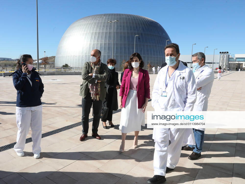 The President of the Community of Madrid, Isabel Diaz Ayuso (3r), with the Deputy Minister of Health, Antonio Zapatero (2l), during her visit to the start of the vaccination process against COVID-19 that has been launched in Pavilion 3 of the Public Hospital Enfermera Isabel Zendal, in Madrid, (Spain), on 23 February 2021. This Tuesday begins the vaccination in the pavilion 3 of the hospital with the vaccine of AstraZeneca to 400 people of External Health, AENA, inspectors of Public Health, of Institute of Social Security, professionals of reformatories, Forensic Doctors, Students of CC Health and veterinarians. These new groups to be vaccinated will be joined by those over 80 years of age on Thursday 25 February in the Primary Care centre