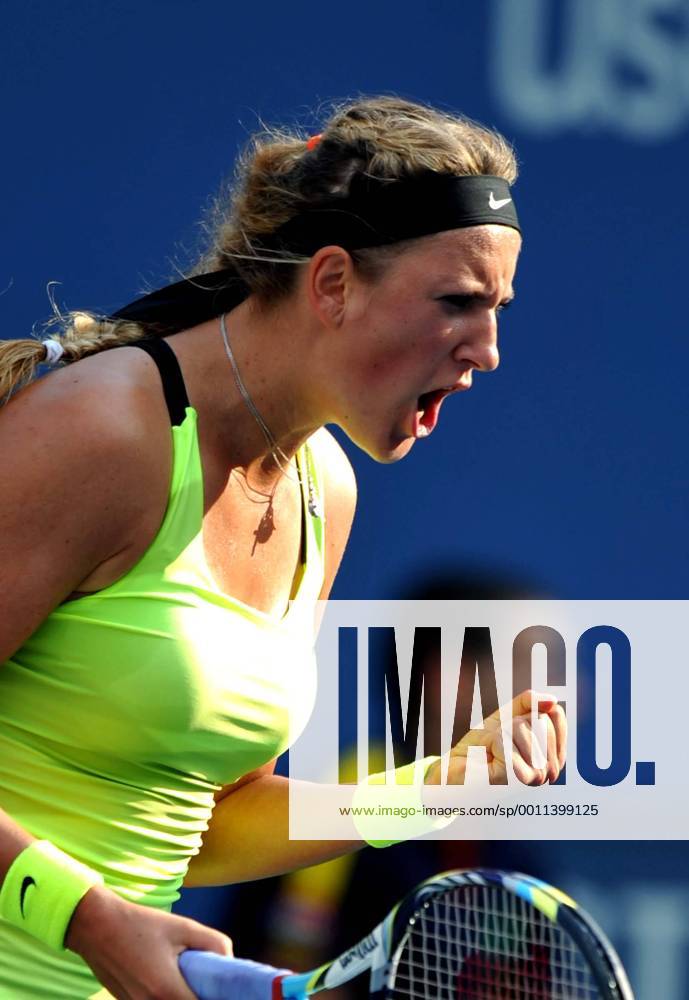 (120908) -- NEW YORK, Sept. 8, 2012 (Xinhua) -- Victoria Azarenka of Belarus celebrates during the women s singles semifinal match against Maria Sharapova of Russia at the US Open tennis tournament in New York, Sept. 7, 2012. Azarenka won 2-1.(Xinhua Wang Lei) US-NEW YORK-TENNIS-US OPEN-WOMEN S SINGLES-SEMIFINAL