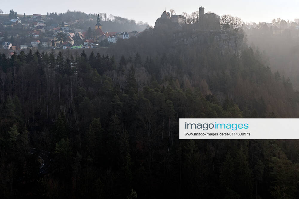 Germany,Saxony, Saxon Switzerland, Hohnstein View of Hohnstein Castle in the glow of the rising sun The only surviving castle on the right bank of the Elbe in Saxon Switzerland was p