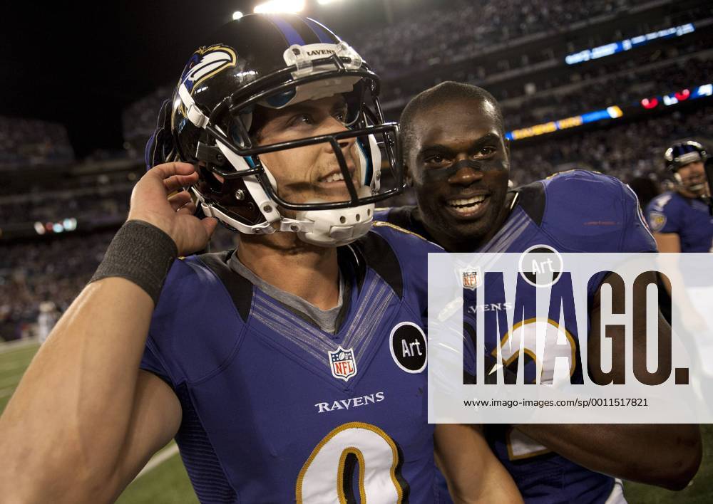 Baltimore Ravens kicker kicker Justin Tucker (L) celebrates with James Ihedigbo after Tucker kicked a game winning 27-yard field goal against the New England Patriots at M&T Bank Stadium in Baltimore, Maryland on September 23, 2012. The Ravens defeated the Patriots 31-30. WAP20120923313