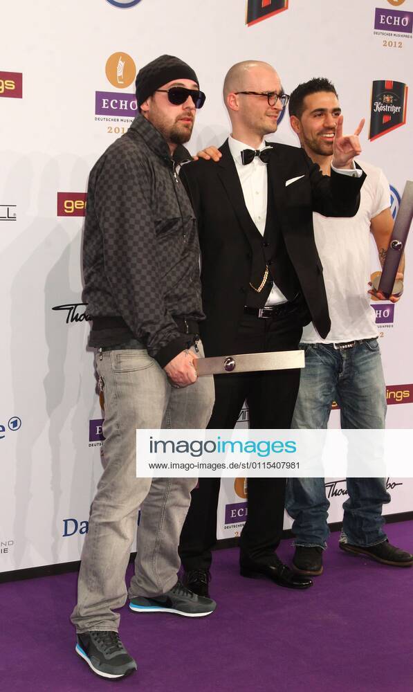 Award winners Bushido and Sido as well as video director Specta Berlin at the Echo 2012 the German Music Award award winners before the ceremony at Messe Berlin