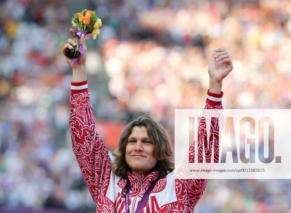 United Kingdom. London. 08 aug. 2012. Summer Olympic Games. Olympic Stadium. Athletics. Men s High Jump. Award ceremony. UKHOV Ivan (RUS) - Olympic Champion.
