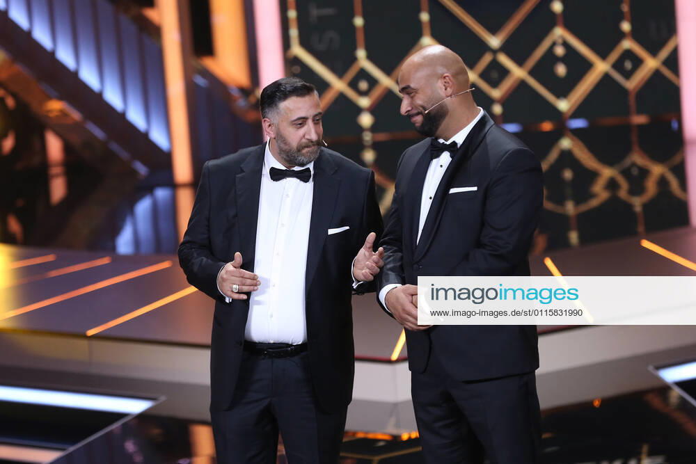 Laudators Kida Khodr Ramadan and Veysel Gelin from the live show of the GOLDEN CAMERA 2019, Tempelhof Airport in Berlin,