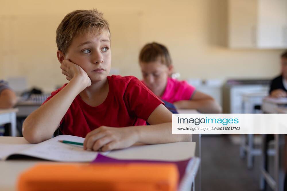 Schoolboy sitting at a desk in an elementary school classroom Front view close up of a Caucasian schoolboy with short hair wearing a red t shirt sitting at a desk in an elementary school classroom leaning on his hand and looking away, an open book on the desk in front of him, and classmates sititng and working in the background, model released, , property released, Cape Town, South Africa, 01.12.2019, 1303965.jpg, people,people,real people,class,classmates,school,elementary school,primary school,classroom,education,lesson,student,pupil,childhood,studying,study,learn,learning,information,knowledge,development,bored,day dreaming,tired,sitting,desk,leaning,pencil case Child,Boy,Male,Caucasian,Girl,Female Indoors,Front view,Looking Away,Day