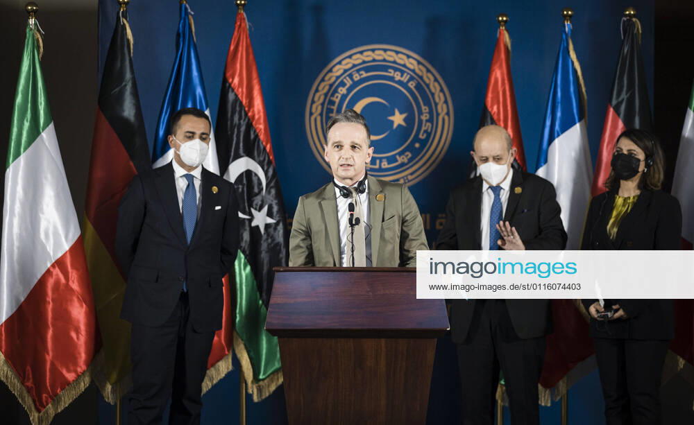 Federal Foreign Minister Heiko Maas, SPD, 2 f l taken at a joint press conference with Jean Yves Le Drian, Foreign Minister of the French Republic, 2 f r Najla el Mangoush, Foreign Minister of the State of Libya, r and Luigi Di Maio, Foreign Minister of Italy, l in Tripoli 25 03 2021 in Tripoli 25 03 2021 Tripoli Libya