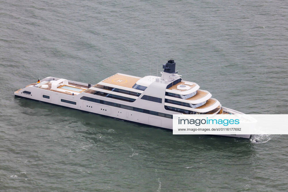 Aerial view 139-metre superyacht SOLARIS on her first sea trial in the North Sea, built by Lloyd Werft Bremerhaven for Russian oligarch Roman Abramovich