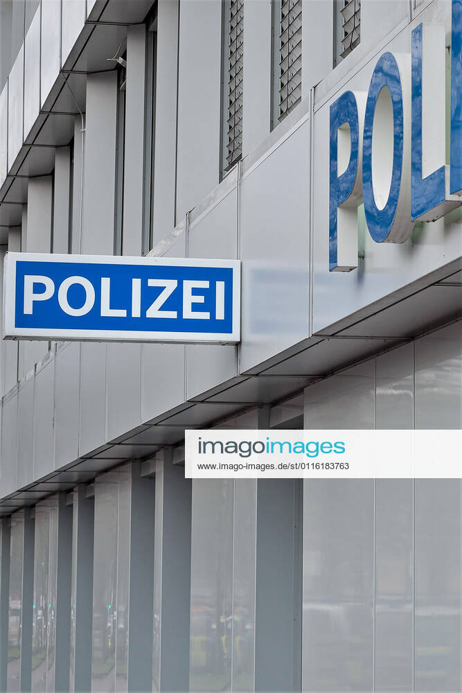 Duesseldorf, Germany 27 March 2021 Exterior view of a police station in Duesseldorf, with logo and lettering Polizei Nordrhein Westfalen