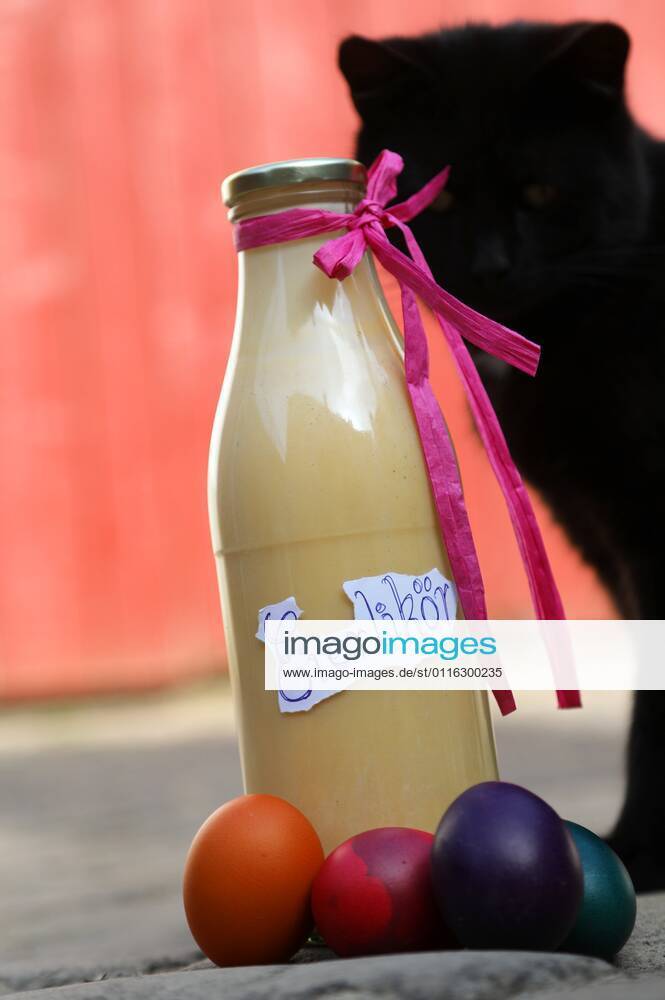 Eggnog 01 04 2021 , Ostramondra, homemade eggnog and colorful dyed eggs, a black cat comes curiously to it