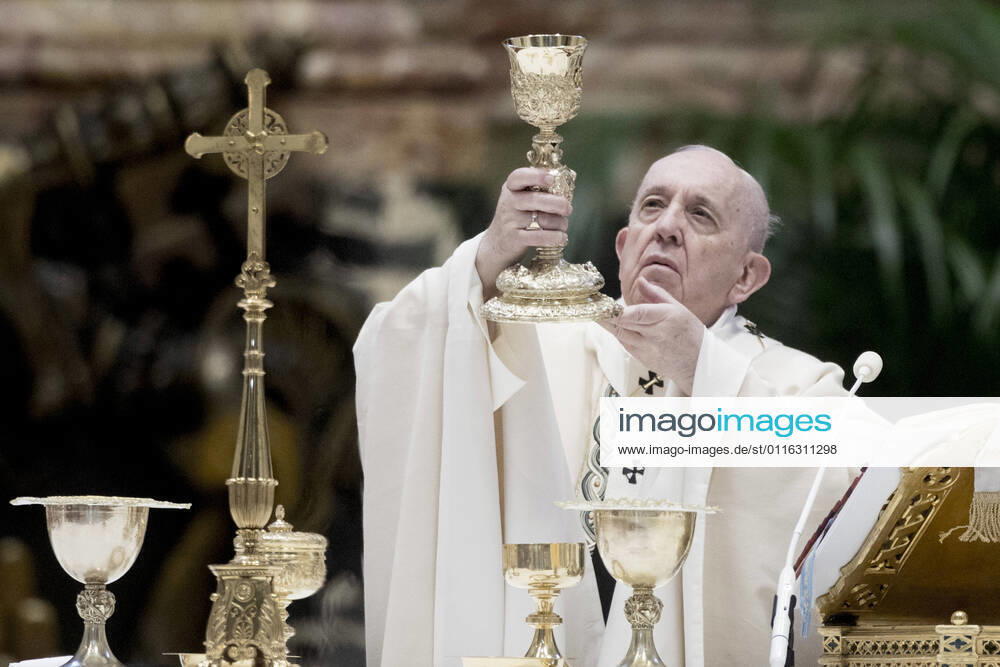 Pope Francis celebrating Easter Mass at St. Peter s Basilica in The Vatican during the Covid-19 coronavirus pandemic.