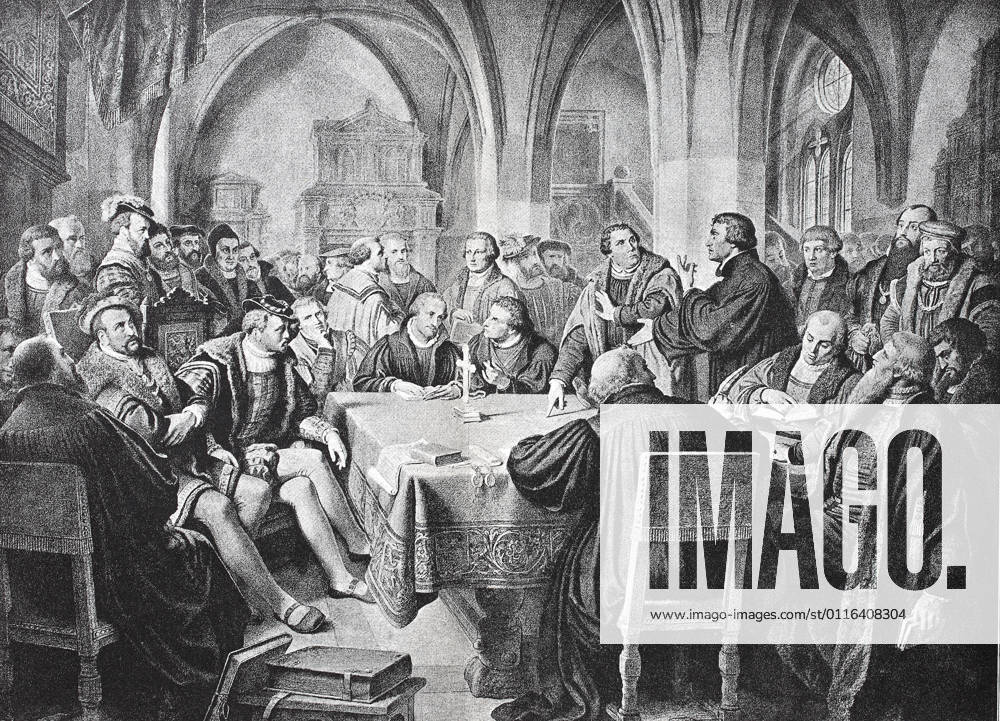 The Marburg Colloquy was a meeting at Marburg Castle, Marburg, Hesse, Germany, which attempted to solve a disputation between Martin Luther and Ulrich Zwingli over the Real Presence of Christ in the Eucharist. It took place between 1 October and 4 October 1529 Das Marburger Religionsgespräch 1529 war ein Teil der theologischen Auseinandersetzung zwischen dem lutherischen und reformierten Zweig der Reformation, Historisch, digital improved reproduction of an original from the 19th century digitale Reproduktion einer Originalvorlage aus dem 19. Jahrhundert 4922151