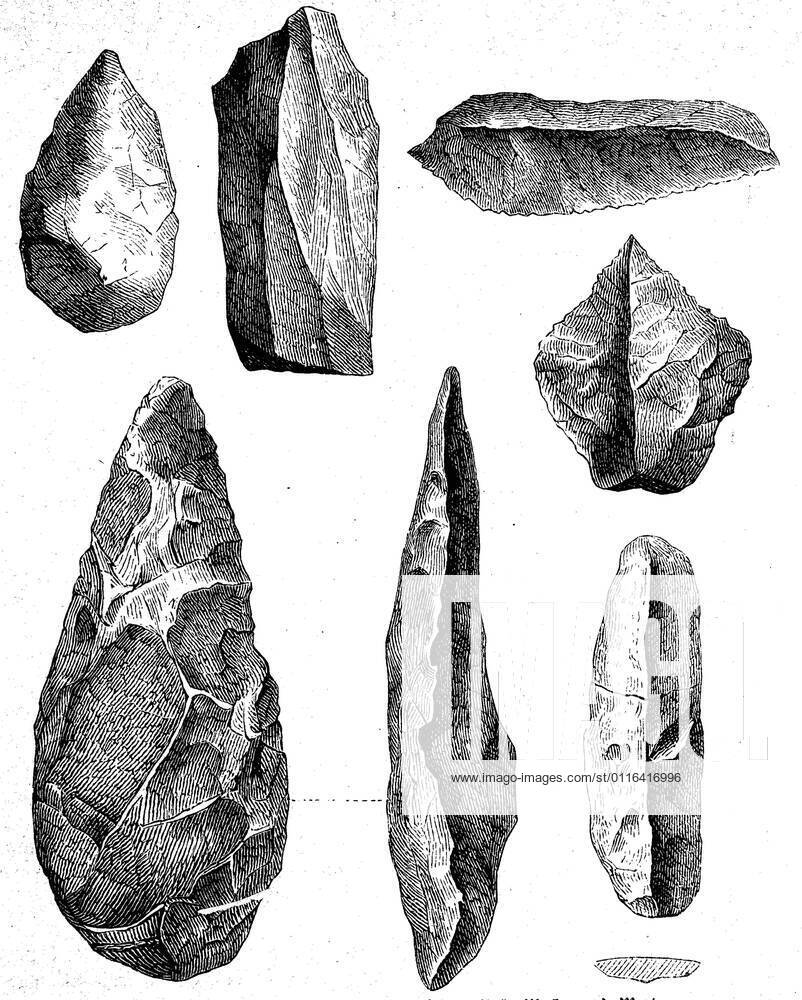 Weapons and tools of the Stone Age people, hand axe, illustration from 1880 Waffen und Werkzeuge der Menschen der Steinzeit, Faustkeil, Illustration aus 1880, Historisch, historical, digital improved reproduction of an original from the 19th century digitale Reproduktion einer Originalvorlage aus dem 19. Jahrhundert, , (Originaldatum nicht bekannt) 4964120