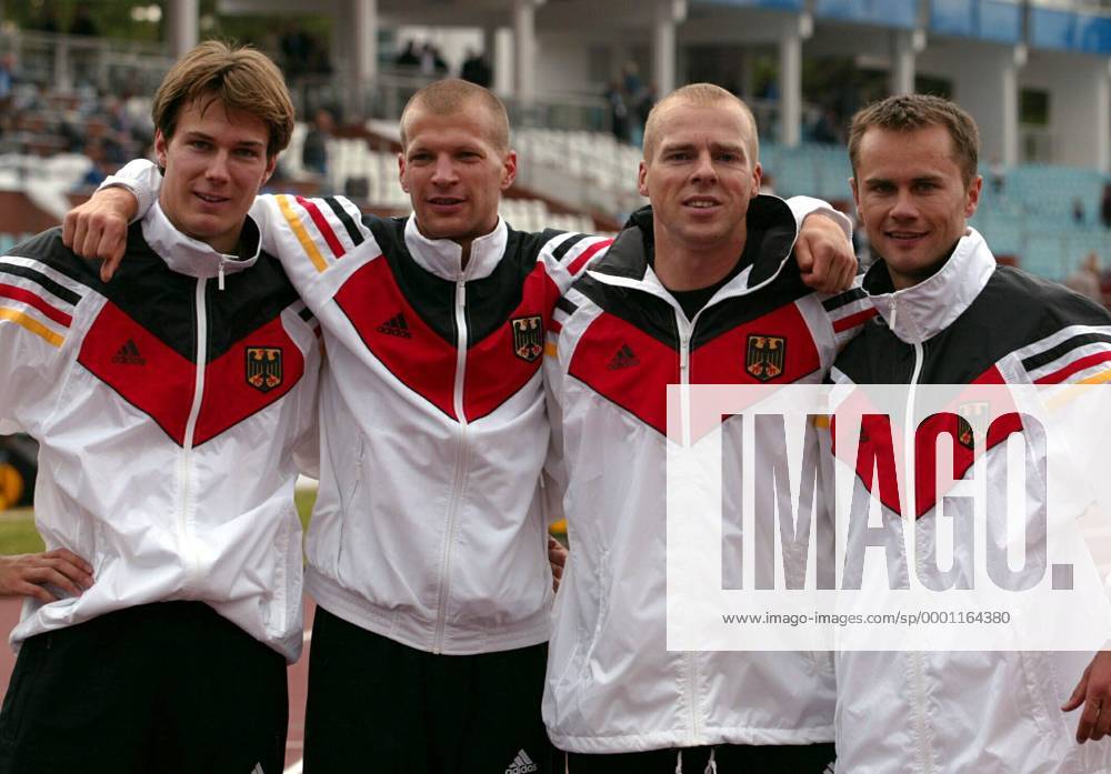 4x100m Staffel Deutschland, v.li.: Till Helmke, Tobias Unger, Ronny Ostwald, und Alexander Kosenkow Leichtathletik EC 3 Herren SPAR Europapokal 2004, Europacup, Meeting, Leichtathletikmeeting, Sportfest, Vdig Gruppe Bydgoszcz