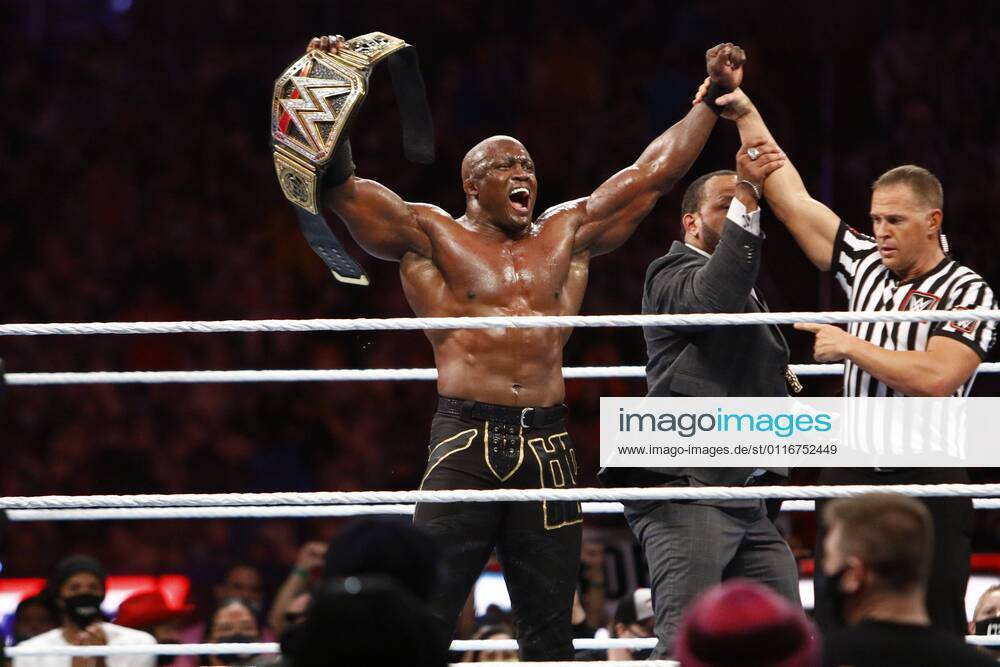 WWE Superstar Bobby Lashley celebrates his win against Drew McIntyre defending his title as WWE World Champion at Wrestlemania 37 at Raymond James Stadium on Saturday, April 10, 2021 in Tampa. Tampa USA - ZUMAs70_ 20210410_zan_s70_060