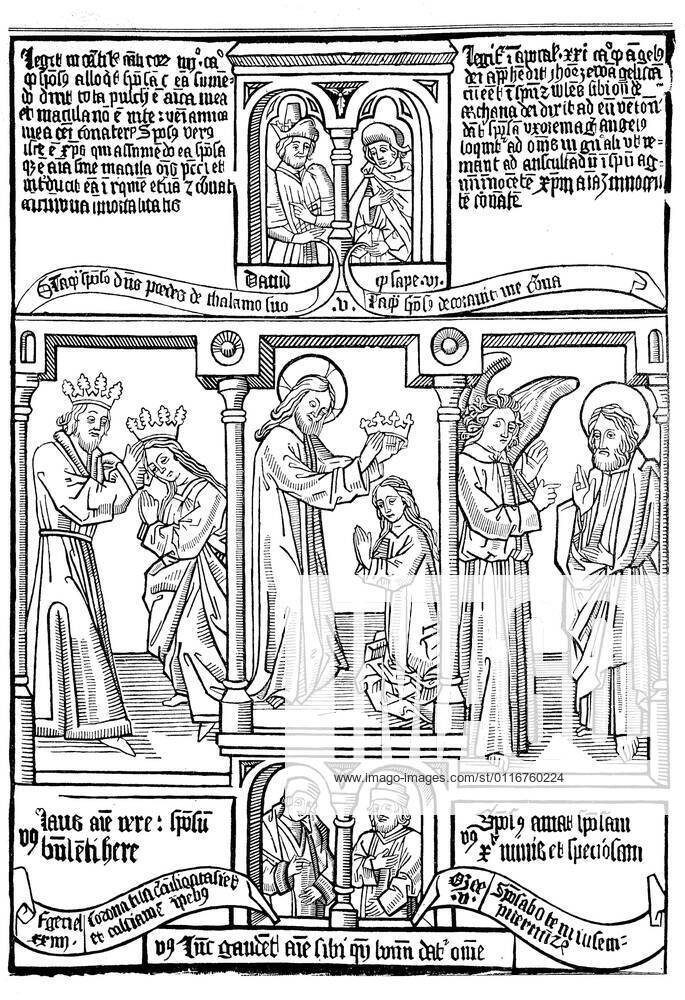 Episodes from a block-book Biblia Pauperum illustrating typological correspondences between the Old and New Testaments Ein Blatt der Armenbibel, Biblia Pauperum aus dem 15. Jahrhundert, , Historisch, historical, digital improved reproduction of an original from the 19th century digitale Reproduktion einer Originalvorlage aus dem 19. Jahrhundert, Originaldatum nicht bekannt 4963298