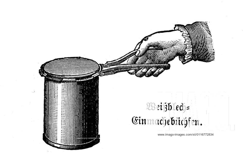 Kitchen implement, Tinplate can, historical kitchen appliances, Betty Gleim s cookbook, 1847 Weißblech Einmachbüchsen, historische Küchengeräte, Betty Gleims Kochbuch, 1847, Historisch, historical, digital improved reproduction of an original from the 19th century digitale Reproduktion einer Originalvorlage aus dem 19. Jahrhundert 4941058