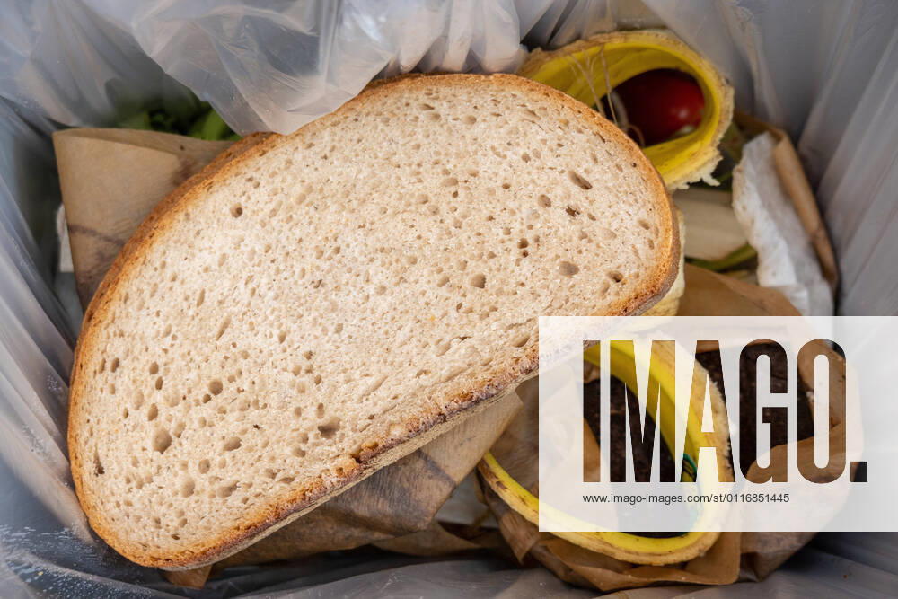 Food waste, slices of bread in organic waste