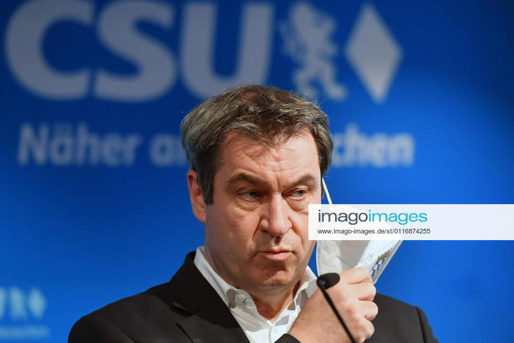 Markus SOEDER State Premier of Bavaria and CSU Chairman , with ffp2 mouth guard,mask, single image,cropped single subject,portrait,portrait press conference CSU after video conference of the CSU presidium in the CSU headquarters in Munich
