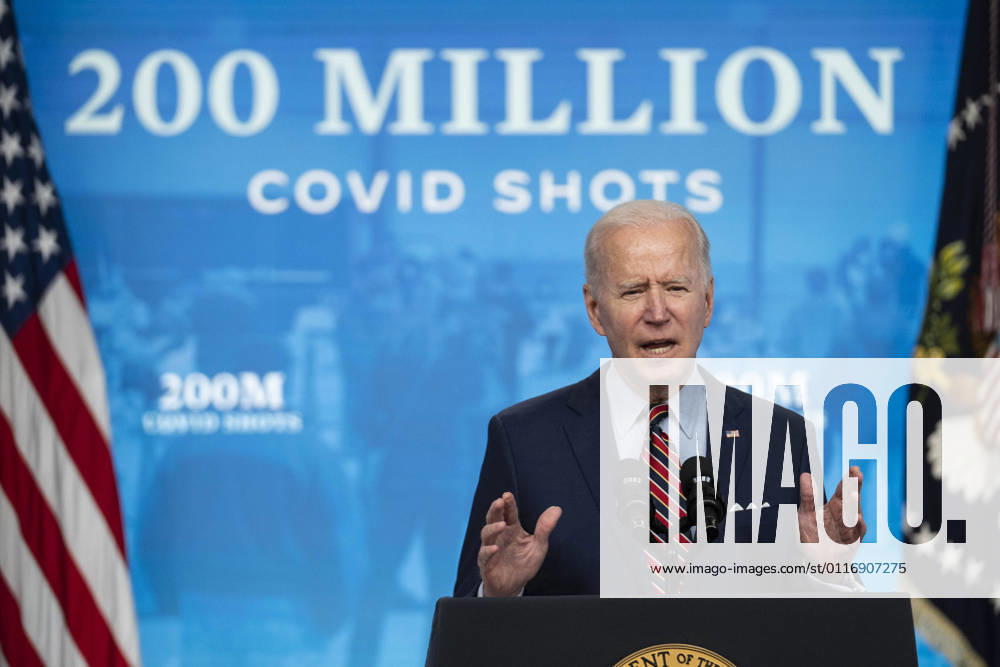 U.S. President Joe Biden speaks in the Eisenhower Executive Office Building in Washington, D.C., U.S., on Wednesday, April 21, 2021. Biden announced that the U.S. will achieve its goal on Thursday of giving 200 million vaccine shots in his first 100 days in office, while pivoting to a new phase of the campaign by urging businesses to make vaccination as accessible as possible. Pool WAX20210421381 SarahxSilbiger