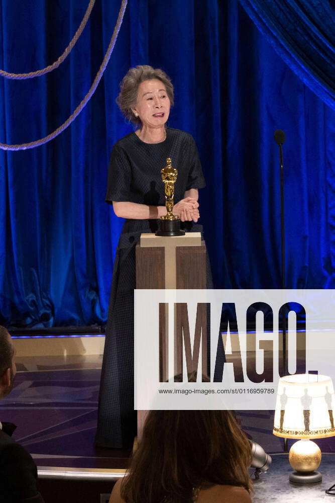 Yuh-Jung Youn accepts the Oscars for Actress in a Supporting Role during the live ABC Telecast of The 93rd Oscars at Union Station in Los Angeles, CA on Sunday, April 25, 2021. Los Angeles CA USA