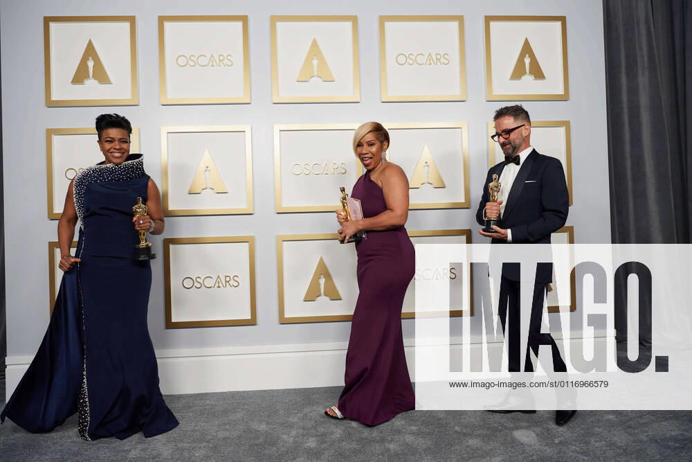 Jamika Wilson (Center), Sergio Lopez-Rivera and Mia Neal pose backstage with the Oscars for Makeup and Hairstyling during the live ABC Telecast of The 93rd Oscars at Union Station in Los Angeles, CA on Sunday, April 25, 2021. Los Angeles CA USA