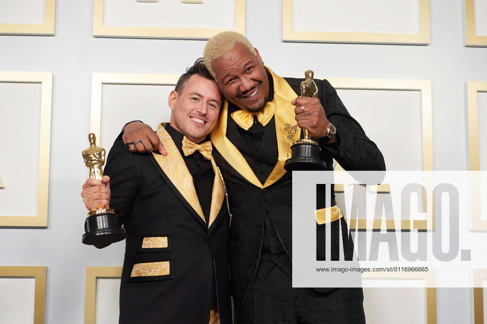 Martin Desmond Roe and Travon Free pose backstage with the Oscars for Live Action Short during the live ABC Telecast of The 93rd Oscars at Union Station in Los Angeles, CA on Sunday, April 25, 2021. Los Angeles CA USA
