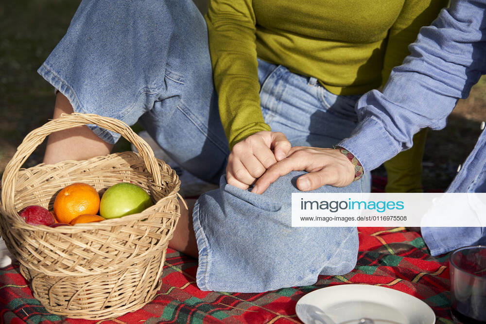 Woman holding boyfriend s hand on lap during sunny day model released Symbolfoto VEGF04077