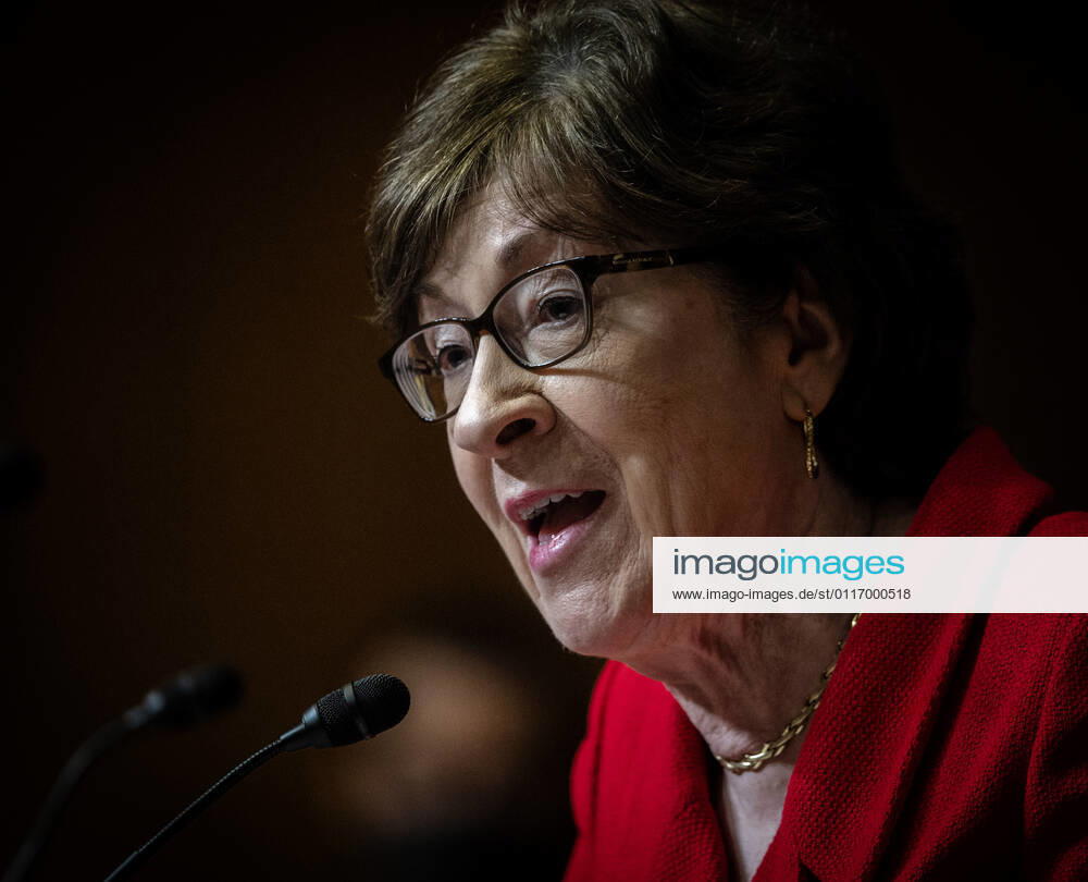 WASHINGTON, DC - APRIL 28: United States Senator Susan Collins (Republican of Maine) asks a question during the Senate Appropriations Subcommittee on Commerce, Justice, Science, and Related Agencies hearing to examine proposed budget estimates and justification for fiscal year 2022 for the Office of the U.S. Trade Representative, in Washington, DC Washington USA - ZUMAs152 20210428_zaa_s152_024