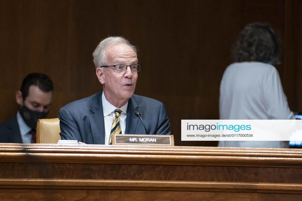 WASHINGTON, DC - APRIL 28: United States Senator Jerry Moran (Republican of Kansas), Ranking Member, Commerce, Justice, Science Appropriations Subcommittee, questions U.S. Trade Representative Katherine Tai as she testifies during the Senate Appropriations subcommittee hearing on the proposed budget for fiscal year 2022 for the Office of the U.S. Trade Representative on Capitol Hill on April 28, 2021 in Washington, DC Washington USA - ZUMAs152 20210428_zaa_s152_036