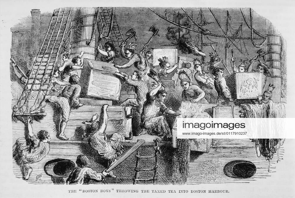 The Boston Boys Throwing the Taxed Tea into Boston Harbor, Boston Tea Party, Illustration
