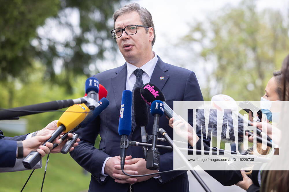 Serbian president Aleksandar Vucic speaks to the press at the Brdo-Brijuni Process summit in Slovenia. Slovenian president Borut Pahor hosted a summit of the Brdo-Brijuni Process in Brdo pri Kranju where he met the presidents of Albania, Croatia, Serbia, North Macedonia, Montenegro, Kosovo and the presiding trio of Bosnia and Herzegovina, marking the 10th anniversary of the initiative. Kranj Slovenia - ZUMAs197 20210517_zaa_s197_154