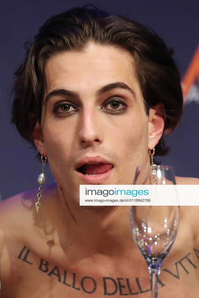 Vocalist Damiano David of the Maneskin rock band representing Italy, the winner of the 2021 Eurovision Song Contest Final, during a news conference at the Rotterdam Ahoy Arena. Vyacheslav Prokofyev TASS TS101051