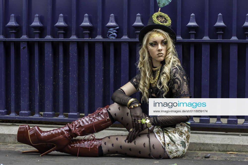 A model showcases Pierre Garroudi s latest colourful collection at one of the designer s specialty flash mob fashion show in central London. London United Kingdom - ZUMAs197 20210522_zaa_s197_260