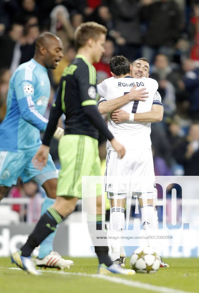 Real Madrid s Cristiano Ronaldo and Karim Benzema celebrate during Champions League Match. December 04, 2012. (201212042284)
