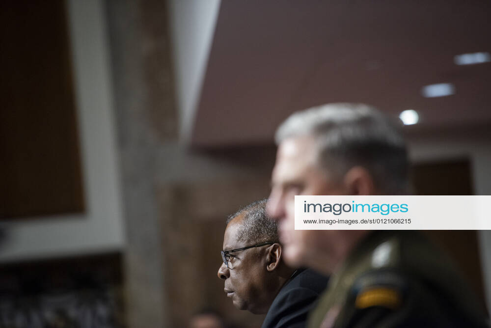 US Secretary of Defense Lloyd Austin III, left, and General Mark Milley, Chairman of the Joint Chiefs of Staff, right, appear before a Senate Committee on Armed Services hearing to examine the Department of Defense budget posture in review of the Defense Authorization Request for fiscal year 2022, in the Dirksen Senate Office Building in Washington, DC, Thursday