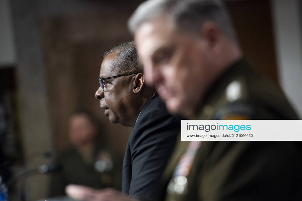 US Secretary of Defense Lloyd Austin III, left, and General Mark Milley, Chairman of the Joint Chiefs of Staff, right, appear before a Senate Committee on Armed Services hearing to examine the Department of Defense budget posture in review of the Defense Authorization Request for fiscal year 2022, in the Dirksen Senate Office Building in Washington, DC, Thursday