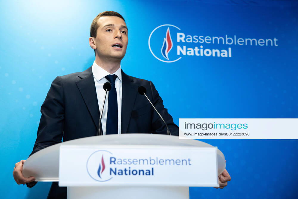 - French far right Rassemblement National (RN) vice president, MEP and candidate for the regional election in Ile de France Jordan Bardella makes a statement at the party headquarters after the announcement of the first round results of the regional elections.