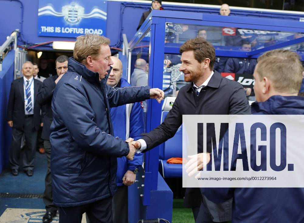 QPR s Harry Redknapp greets Tottenham s Andre Villas-Boas before kick-off.. QPR (Queens Park Rangers) - Tottenham Hotspur - Barclays Premier League - Loftus Road, London- 12 01 13 - .
