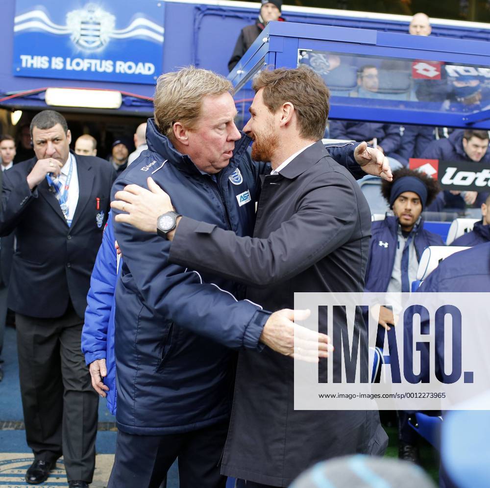 QPR s Harry Redknapp greets Tottenham s Andre Villas-Boas before kick-off.. QPR (Queens Park Rangers) - Tottenham Hotspur - Barclays Premier League - Loftus Road, London- 12 01 13 - .