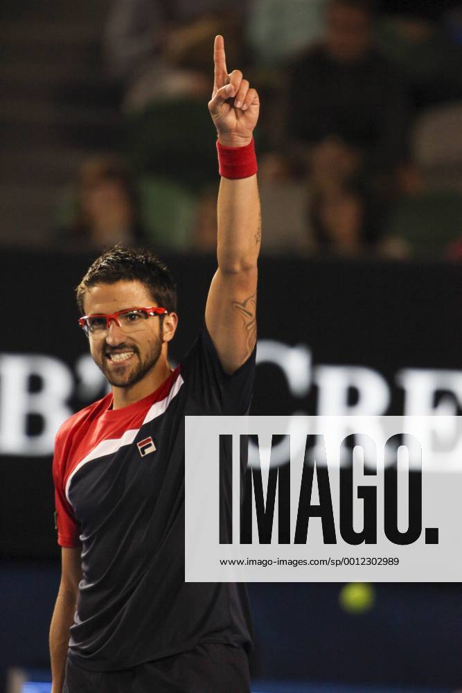 Janko TipsareviÄ? raises his finger in celebration after winning during Day 1 of the Australian Tennis open Grand Slam event at Melbourne Park, Melbourne Australia. TENNIS: JAN 14 Australian Open Icon13011466